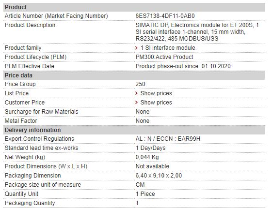 6ES7138-4DF11-0AB0 6ES7 138-4DF11-0AB0 Siemens Expansion Module