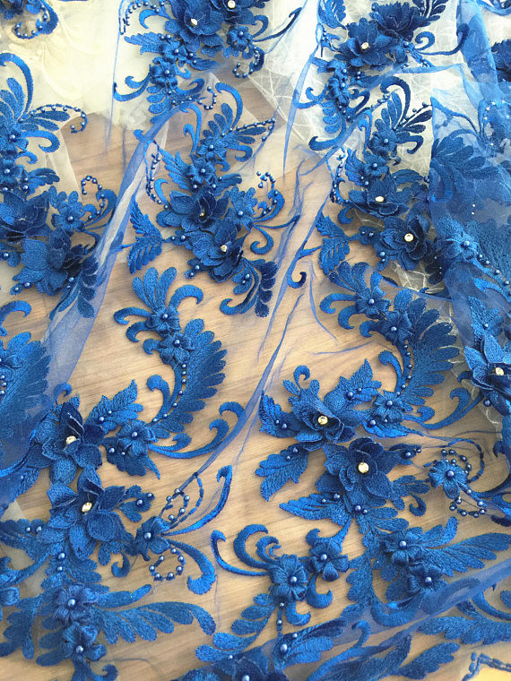 3D Rhinestone Beaded Tulle Fabric , Embroidered Royal Blue Lace Fabric For Bridal Gown