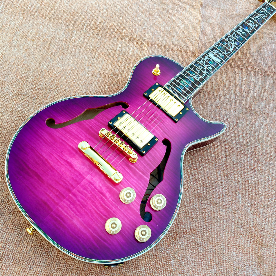 Custom LP Semi Hollow body Electric Guitar with F holes, Abalone Flower inlaid fingerboard guitar, free shipping