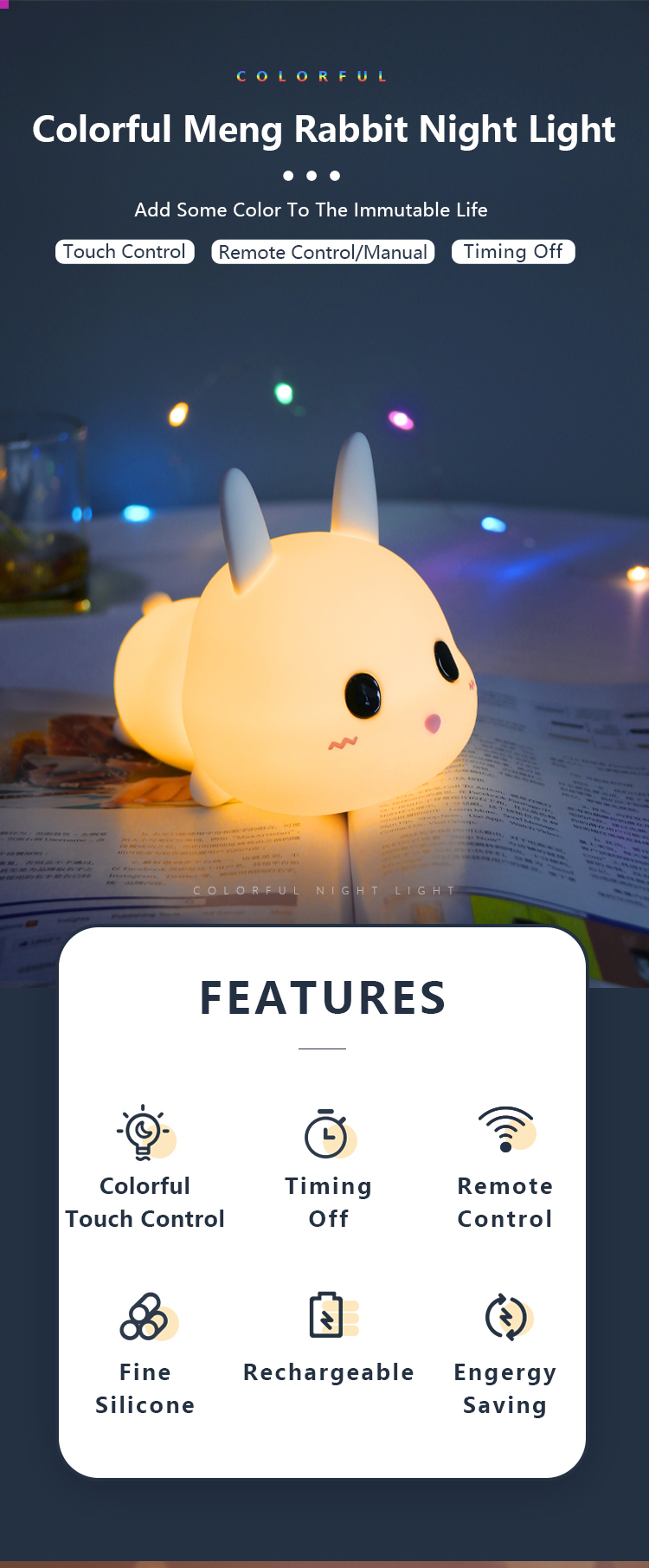 Creative Rabbit Silicone LED Night Light Colorful Changeable Light for Kids