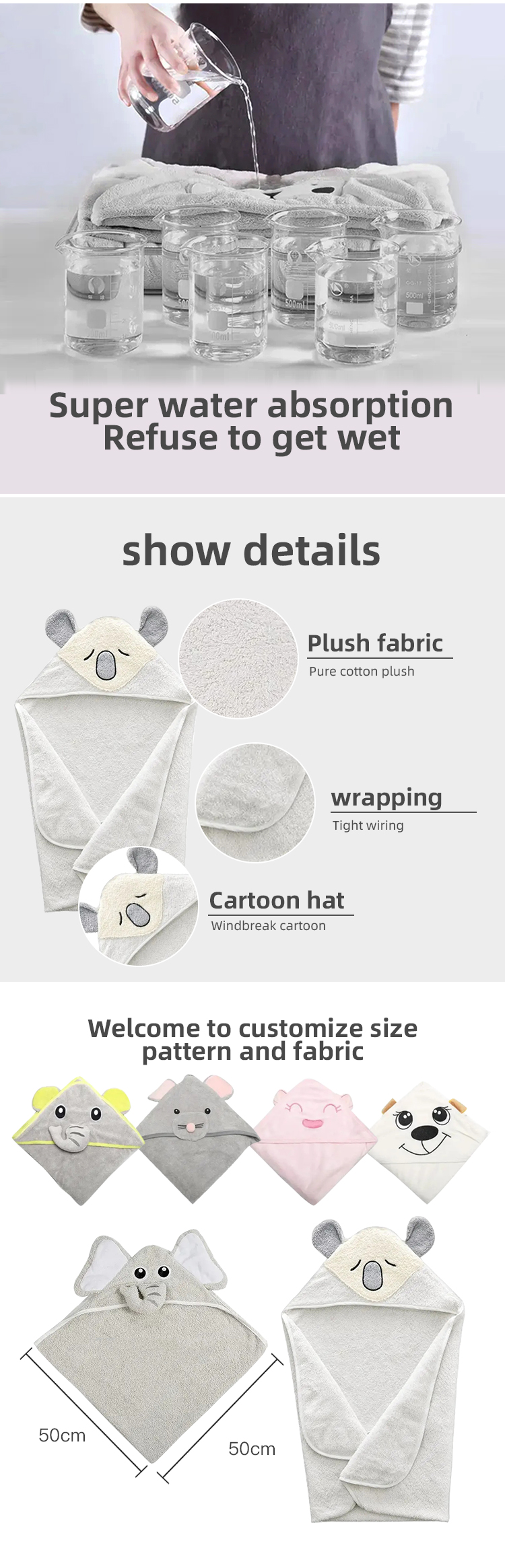 Knitted Baby Cape Bath Towel with Customized Logo and Adorable Elephant Print Design