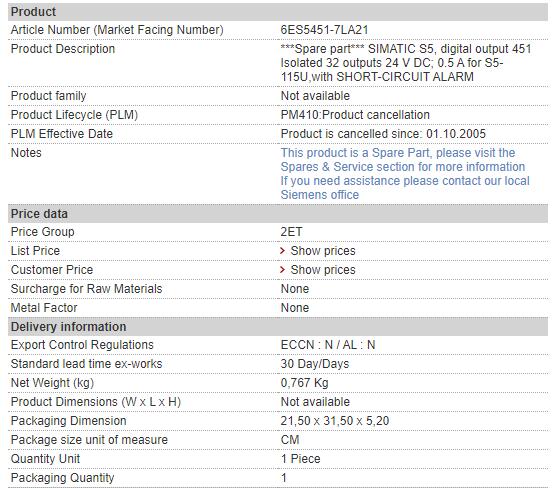6ES5451-7LA21 6ES5 451-7LA21 Siemens Digital Output Module