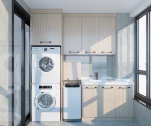 China Beige Wood Grain Balcony Cabinet With Multi-Appliance Integration factory