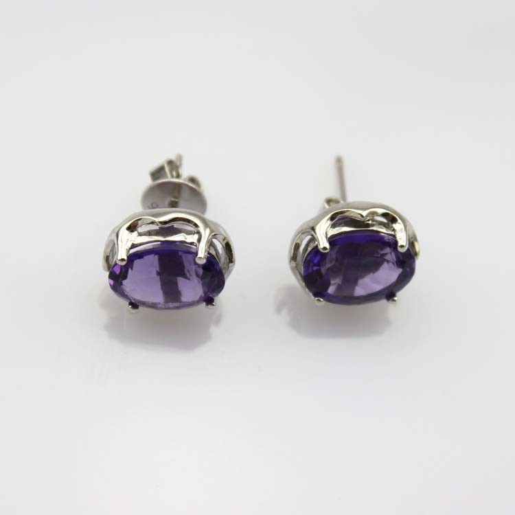 925 Silver Jewelry 8mmx10mm Oval Dome Purple Cubic Zircon Earrings(PSJ0434)