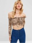 Women Frill Leopard Off Shoulder Crop T-shirt