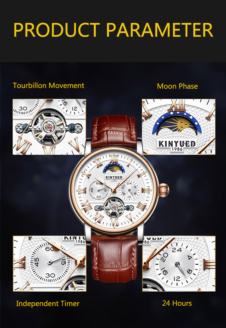 KINYUED Tourbillon automatic mechanical movement genuine leather waterproof wrist watch