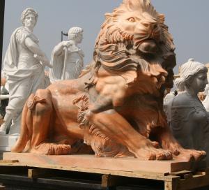 China Nature Stone carving lions statue pink marble animal sculpture,stone carving supplier factory