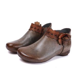 China S178 Factory autumn and winter new retro ethnic style polished color flower short boots flat handmade leather women's s factory