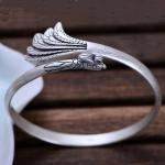 Handcraft Engraved Peafowl Design Sterling Silver Cuff Bracelet for Women