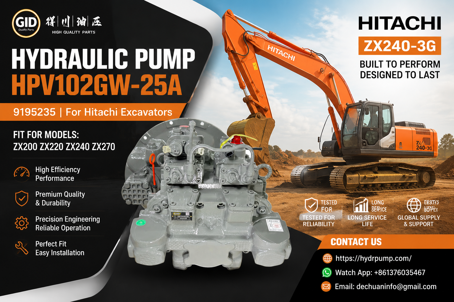 High Pressure High Efficiency Stable Operation Excavator Hydraulic Main Pump HPV102GW-25A for Hitachi ZX240-3G