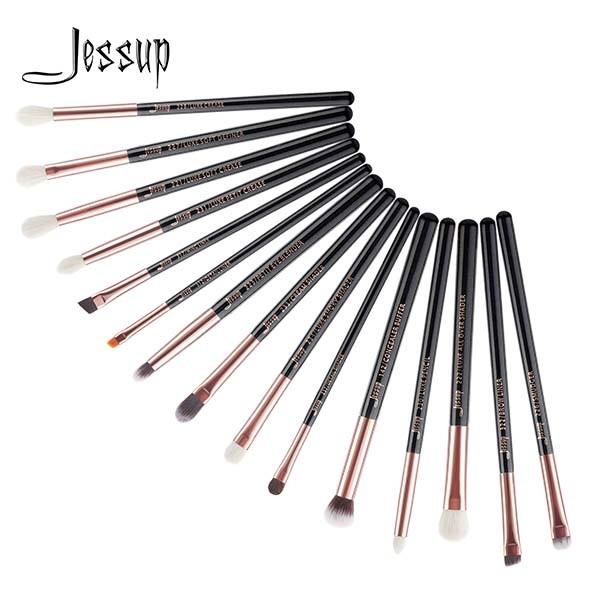 Jessup 15pcs Black/Rose gold Wood Handle Eyeshadow Eyebrow Shader Makeup Brush