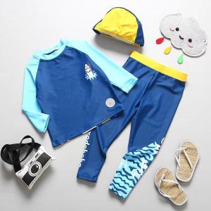 China Three Piece Boys Swimwear Sets Printed Blue Boy Bathing Suit factory