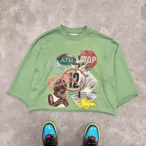 China Black Cropped Graphic T Shirt Men 3/4 Sleeve Shirt Heavyweight Printed Cut Raw Curved Hem Boxy factory