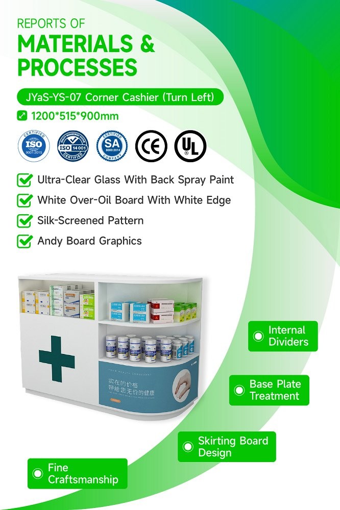 JYaS-YS-07 Eco-friendly Pharmacy Entrance Corner Cashier with Ultra-Clear Glass and Optimized Display
