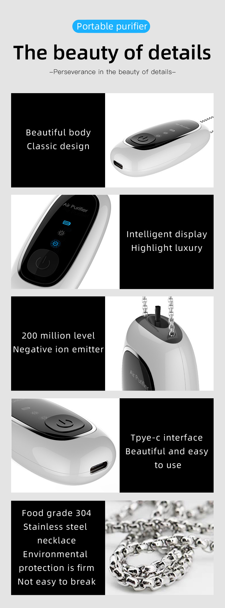50mA 700mAh Wearable Air Purifier Necklace 1W Negative Ion Air Purifier
