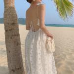 Sexy Back Tie Strap 115cm White Sleeveless Beach Dress Mid Length