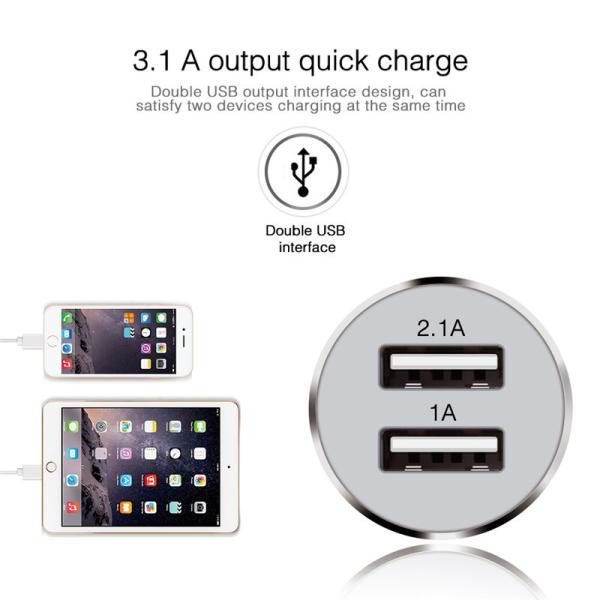 12V 3.1A Aluminium Alloy dual port usb cell phone smart car charger with rohs