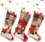 Christmas Stocking, 18" Set of 3 Santa, Snowman, Reindeer, Xmas Character 3D