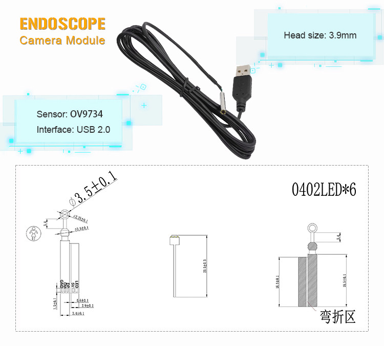 USB 3.5mm HD 1MP Endoscope Camera Module OV9734 For Android Windows
