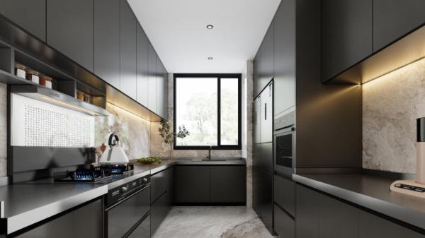 U Shaped Kitchen Units With Matte Black Finish And Dark Stainless Steel