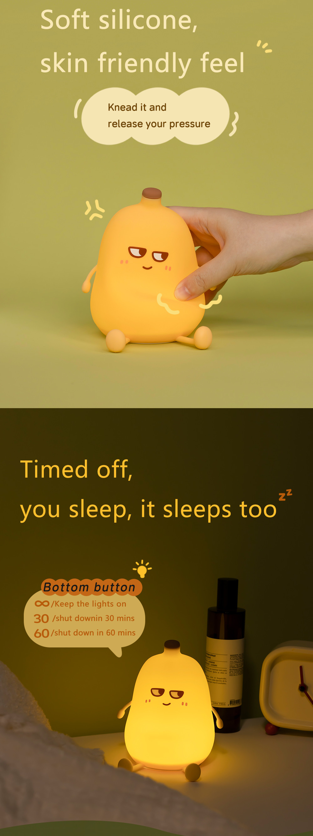Cute Banana Cartoon Fruit LED Night Light Silicone Lamp Touch Sensor Timing USB Rechargeable Children Bedroom Birthday Gift
