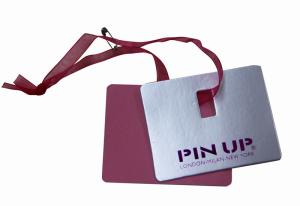 China Recycle Clothing Hang Tags With Matt silvery Board , PInk Safe Pin factory