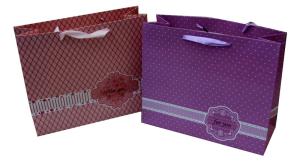 China OEM Colorful Sweet Paper Carrier Bag With Ribbon Handle , Logo Silk-screen / Hot Stamping and Woven factory
