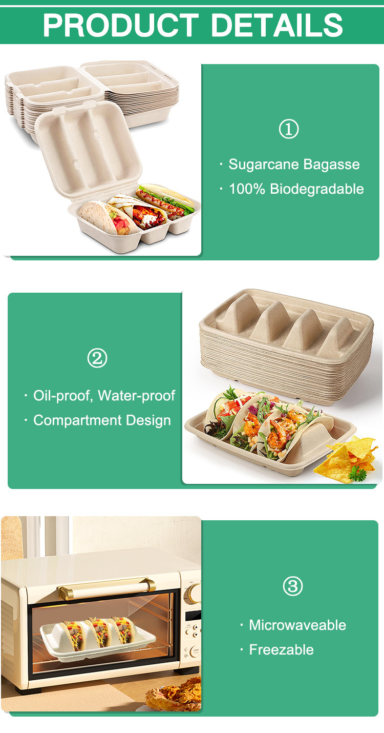 Taco Holder Taco Plate 3 Compartments Takeaway Box Biodegradable Sugarcane Bagasse Taco Food Tray