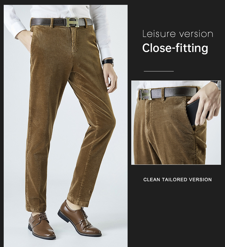 Regular Fit Drawstring Closure Corduroy Dress Pants for Men's Professional Look