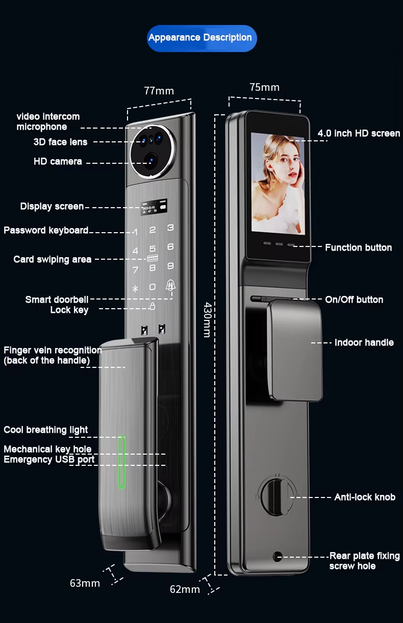 Qleung S923MAX Intelligent Video Calling Face Recognition Fingerprint Smart Door Lock
