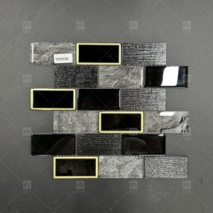China Long Strip Shape Black Glass Mosaic Tile With Metal Border Bathroom Wall Pattern Decor factory