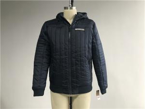 China Plastic Zip Pu Leather Coat Navy Polyester Nylon Bomber Puffer Jacket With Hood TW77571 factory