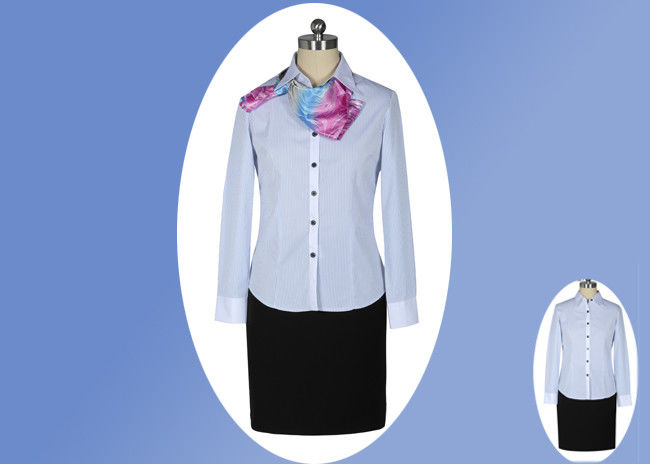Modern Corporate Office Uniforms Ladies / Blue And White Stripe Shirt