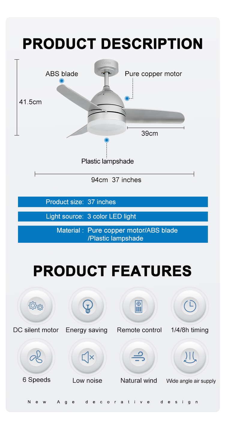 Small Room Metal LED Ceiling Fan with 3/5 Speeds and Easy Clean Design at Affordable
