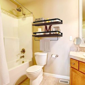 China Powder Coated Decorative Storage Towel Rack Floating Shelf Brackets with Rails Set of 2 Torched Wood Rustic Floating Wall Shelves factory