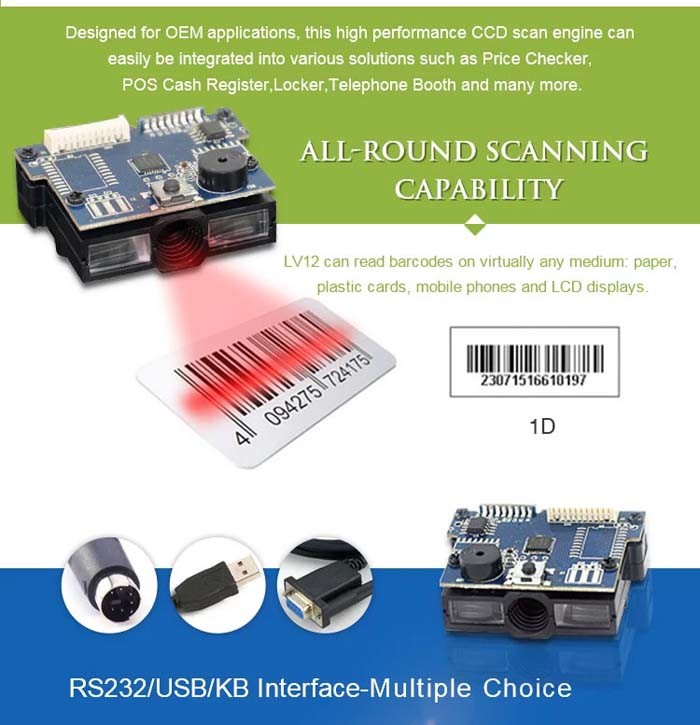 Raspberry Pi 1D CCD OEM Barcode Scanner Module Reading EAN JAN UPC