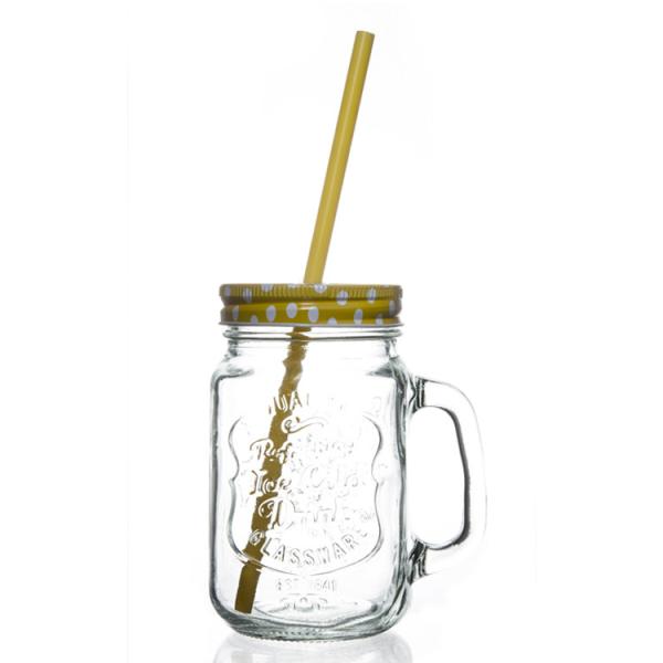China Clear Decorative Iron Cover 500 Ml Mason Jar With Handle And Straw factory