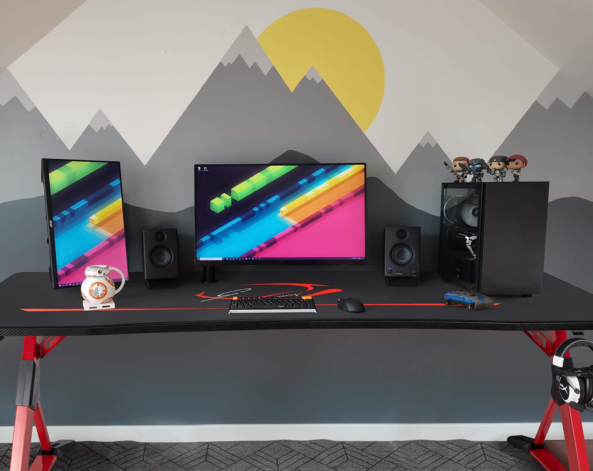 Plastic Surface Z-Shaped Gaming Desk with Handle Rack Cup Holder and Headphone Hook
