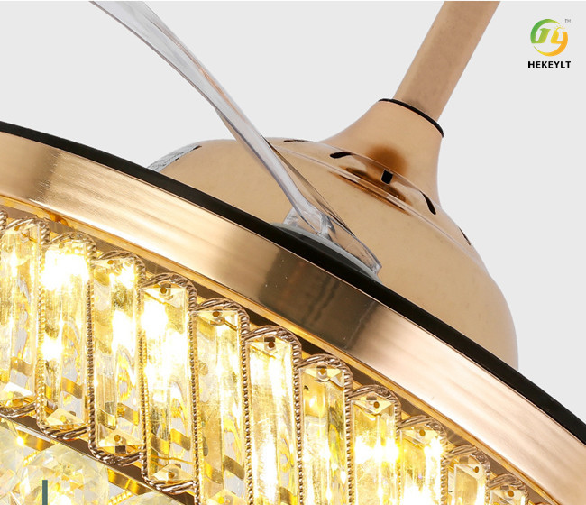 Modern Luxury Invisible Crystal Ceiling Fan Light 42 Inch 4 Fan Blades For Dining Room