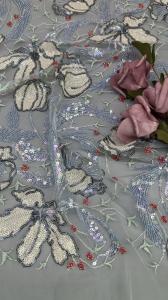 China Mesh Ground Leafy Sequins Lace Fabric for Elegant Breathe Dinner Gowns Shining Fabric factory