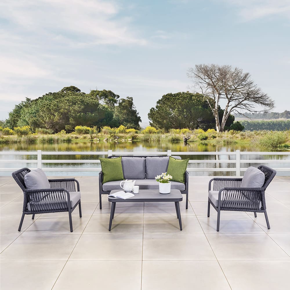 Aluminum Frame AJUNION Rope Weave Garden Furniture Lounge Sofa Set with HPL Tabletop