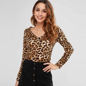 China Autumn Long Sleeve And V Neck Leopard Tee Tight T-shirt Women factory