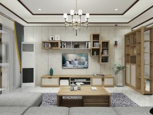 China Modern Living Room Furniture Of MDF Panel TV Wall Unit Cabinets By Floor Stand And Hang Storage Rack Shelves factory