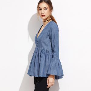 China Ladies tops deep v-neckline cap sleeves denim shirt for women factory