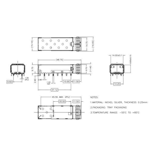 High Performance SFP Fiber Optic Connector 1 * 1 Cage With Grounding Pin