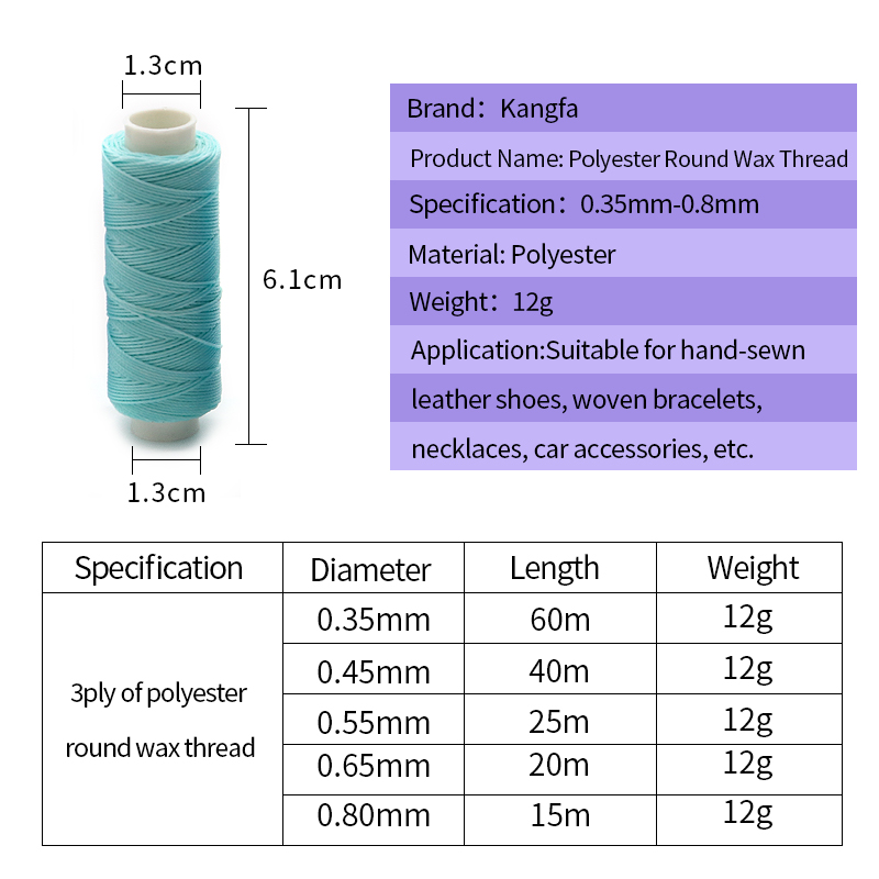 100% Polyester Leather Round Waxed Thread for Hand-sewn Leather Articles 0.45mm 85 Colors