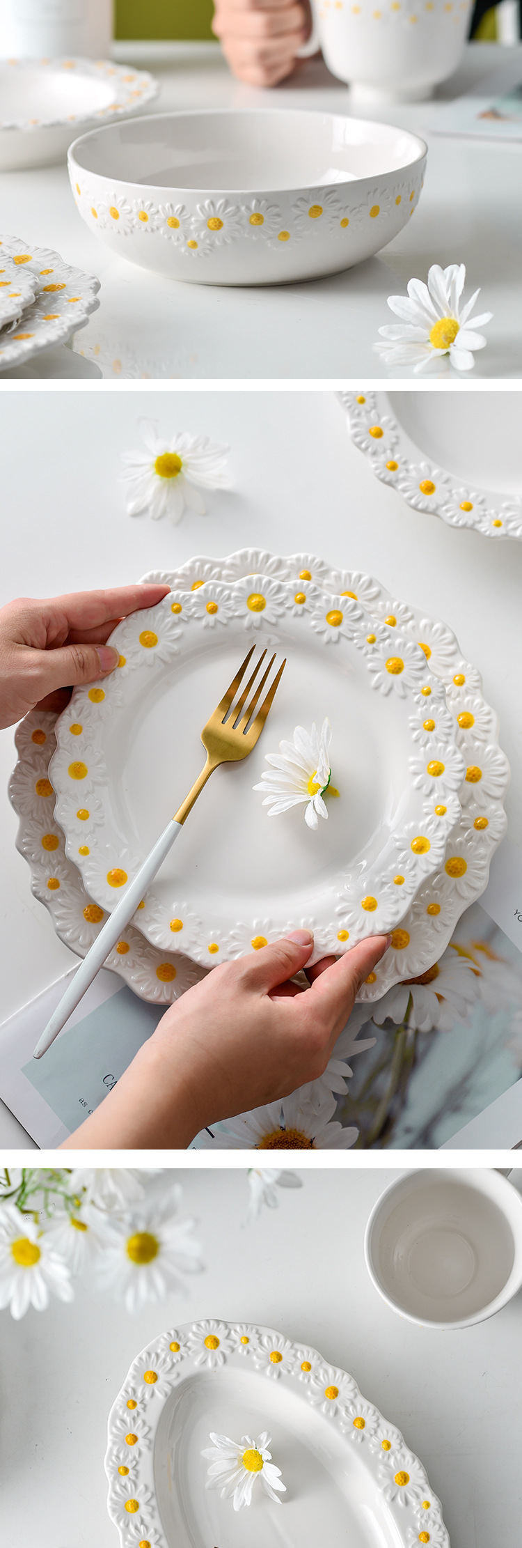 Daisy Underglaze Ceramic Dessert Plates , Faience Ceramic Dinner Set For Salad Food