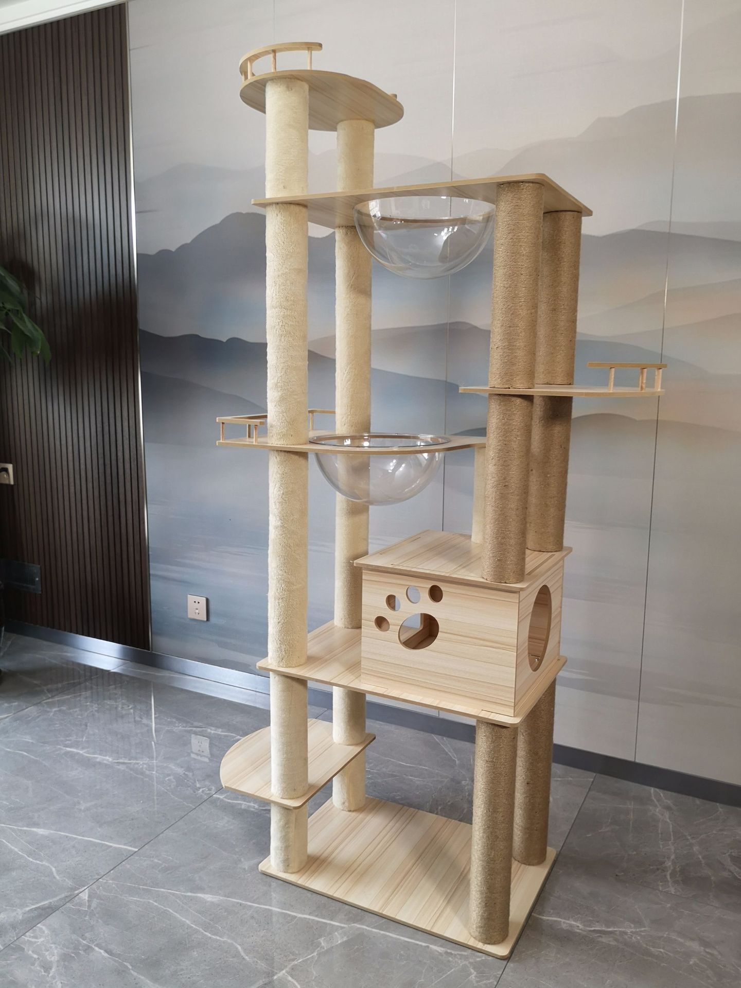 Cat ToysCustom Sizes Wooden Cat Tree with Scratcher Houses and Playing