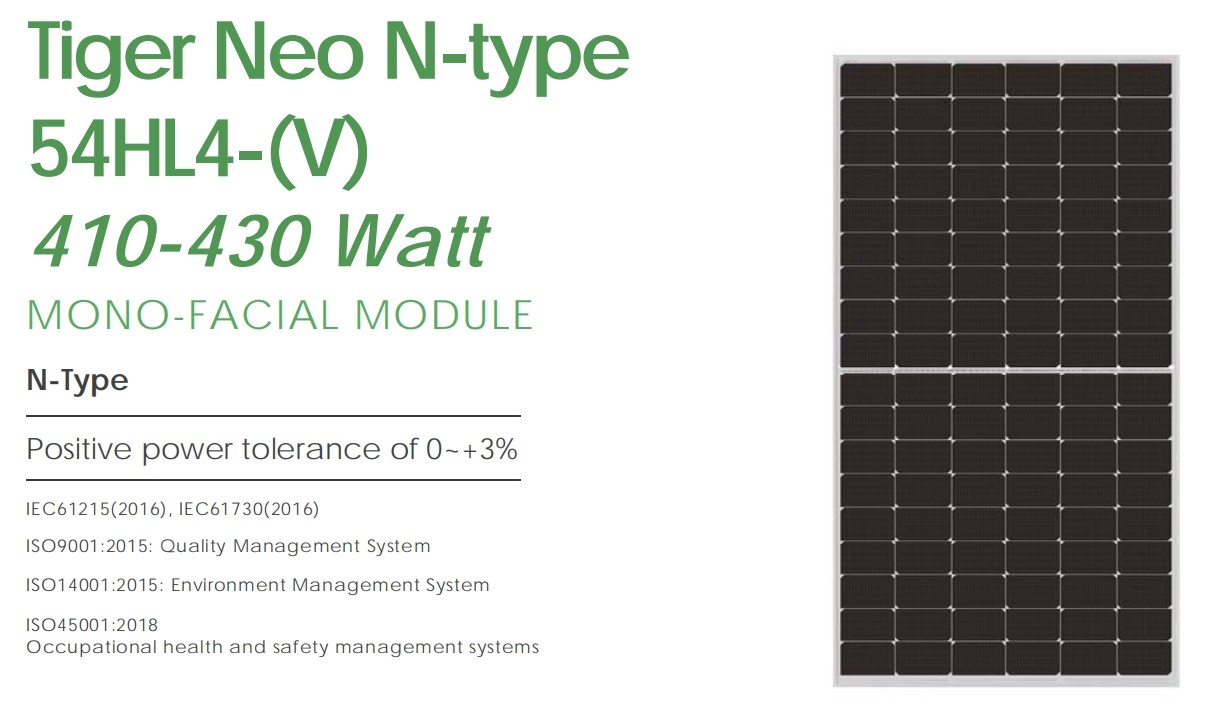 Tiger Neo N Type JinKo PV Modules 54hl4-(V) 410-430 Watt Solar Panel