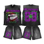 Custom Logo Acid Wash Hoodies Sweat Shorts Black Crop Top and Sleeveless Tank